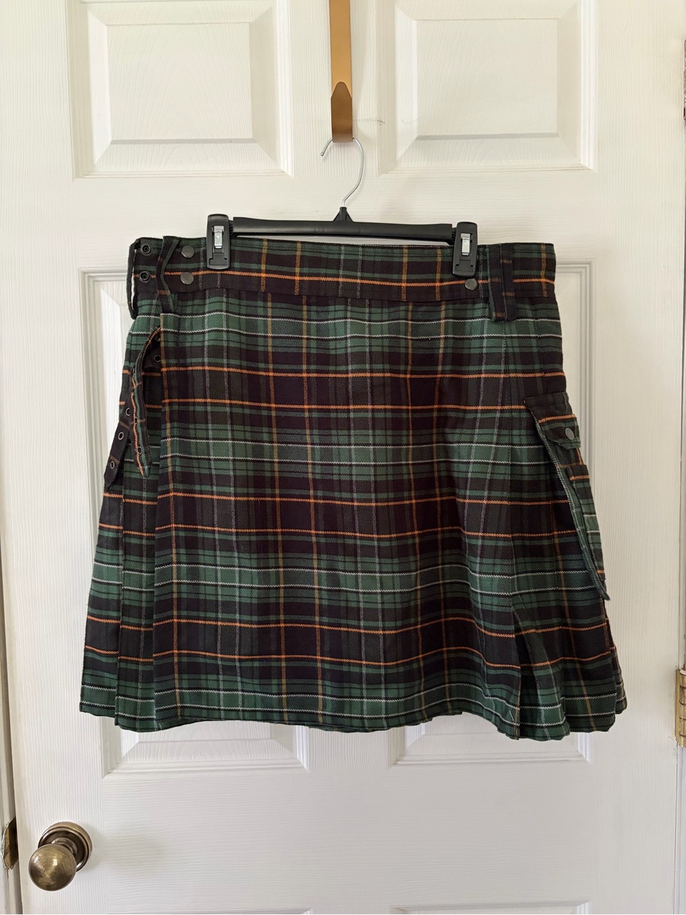 Plaid Green Wrap Skirt with Adjustable Side Buckle